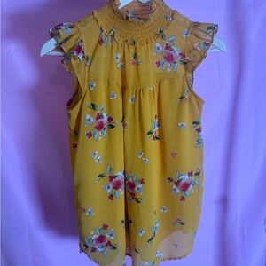 Smocked Neck Floral Sleeveless Top - Mustard Yellow Size Small